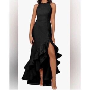 Betsy & Adam "ARIELLE" Scuba Crepe Ruffle Slit Gown Dress Sz: 2
